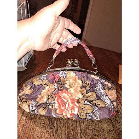 Vintage Floral Beaded Lace Embellished Handbag Purse Tote 10in - Picture 1 of 7